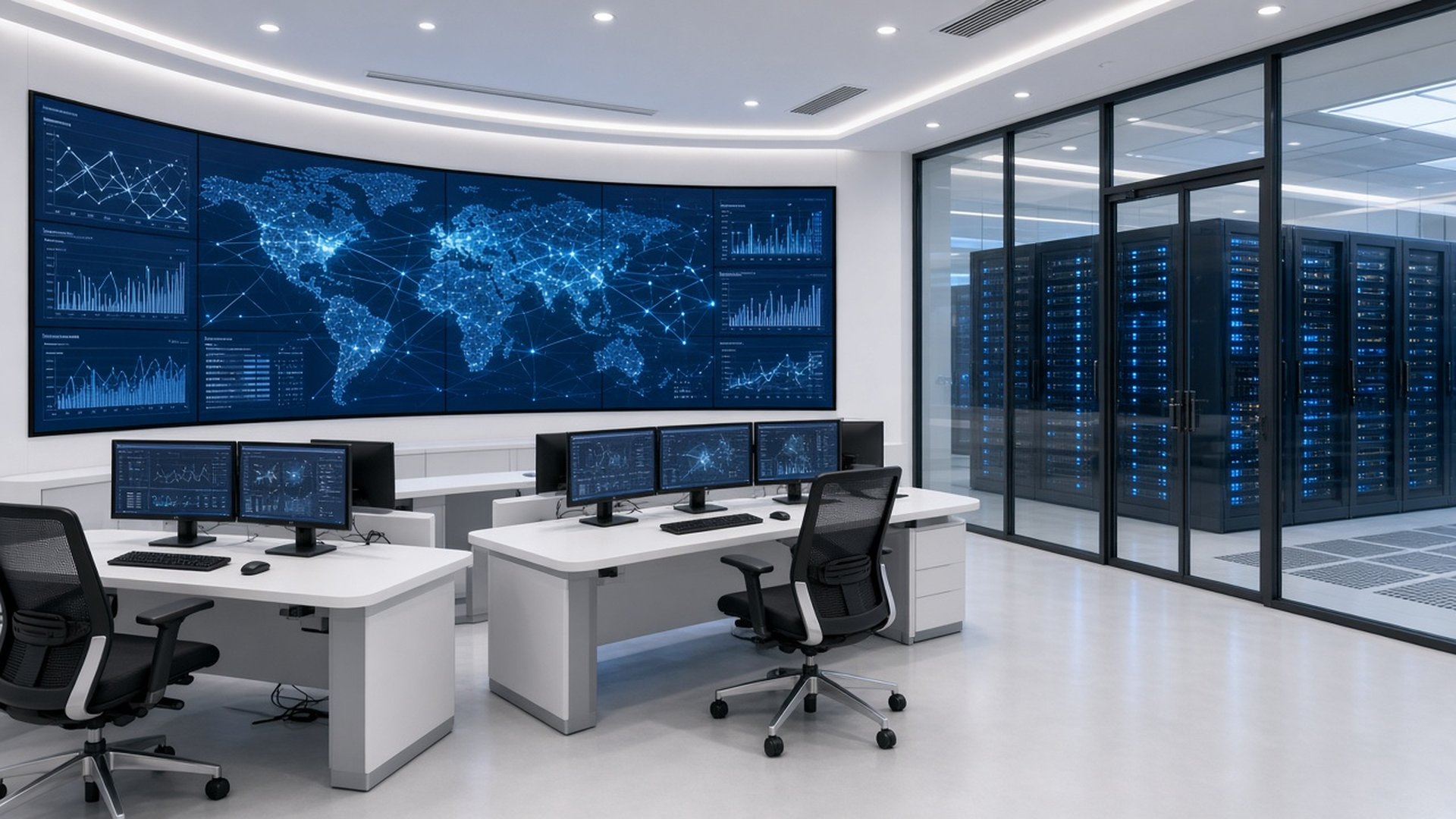 A modern data centre operations room with a large video wall, looking through glass into the server hall.