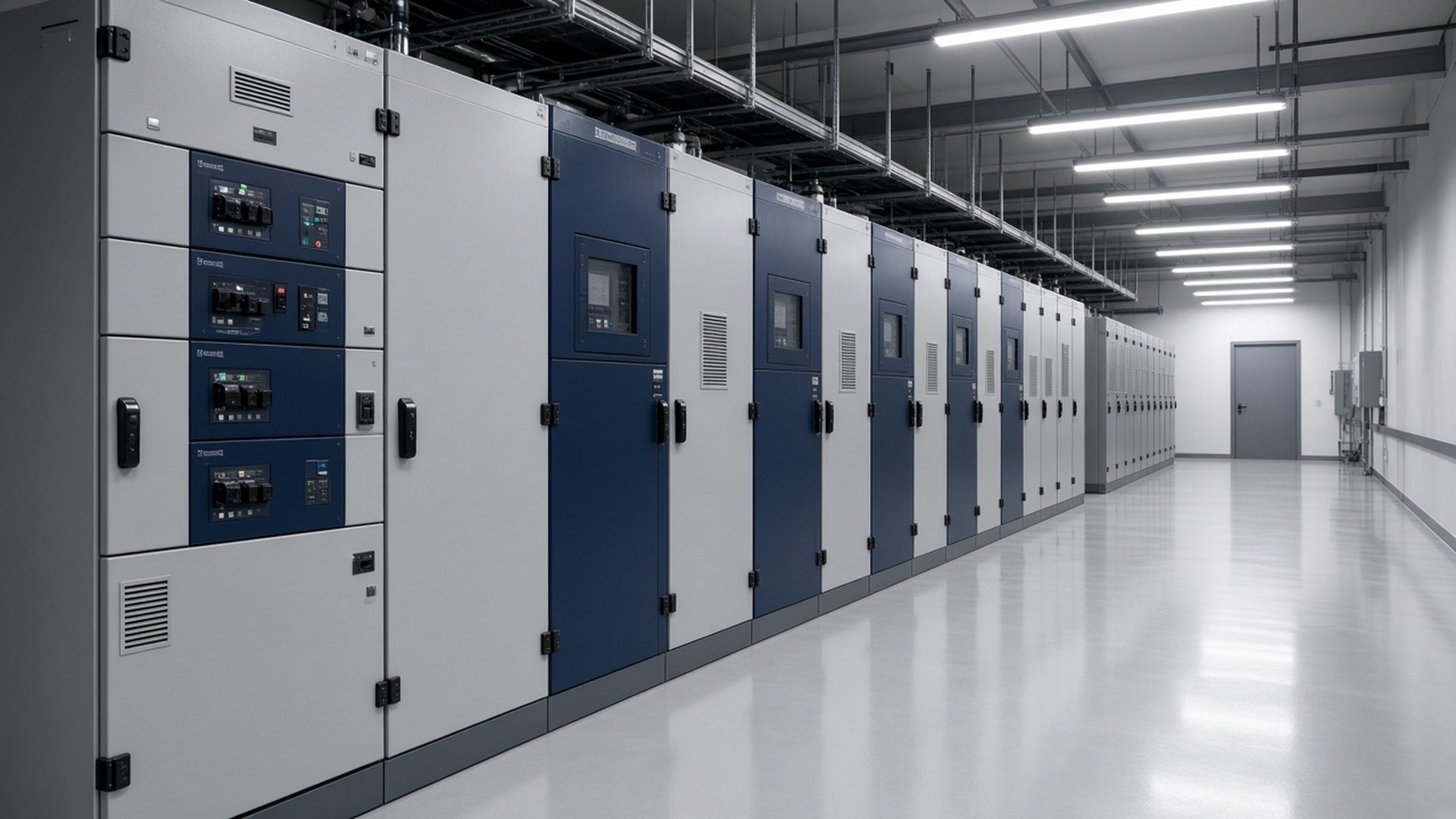 A bright, modern data centre electrical room with a long line of switchgear and UPS cabinets.